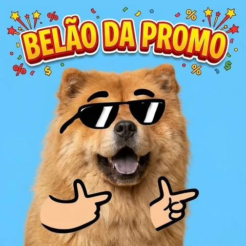 Belão da Promo: Chow-Chow de óculos escuros com o letreiro colorido da marca